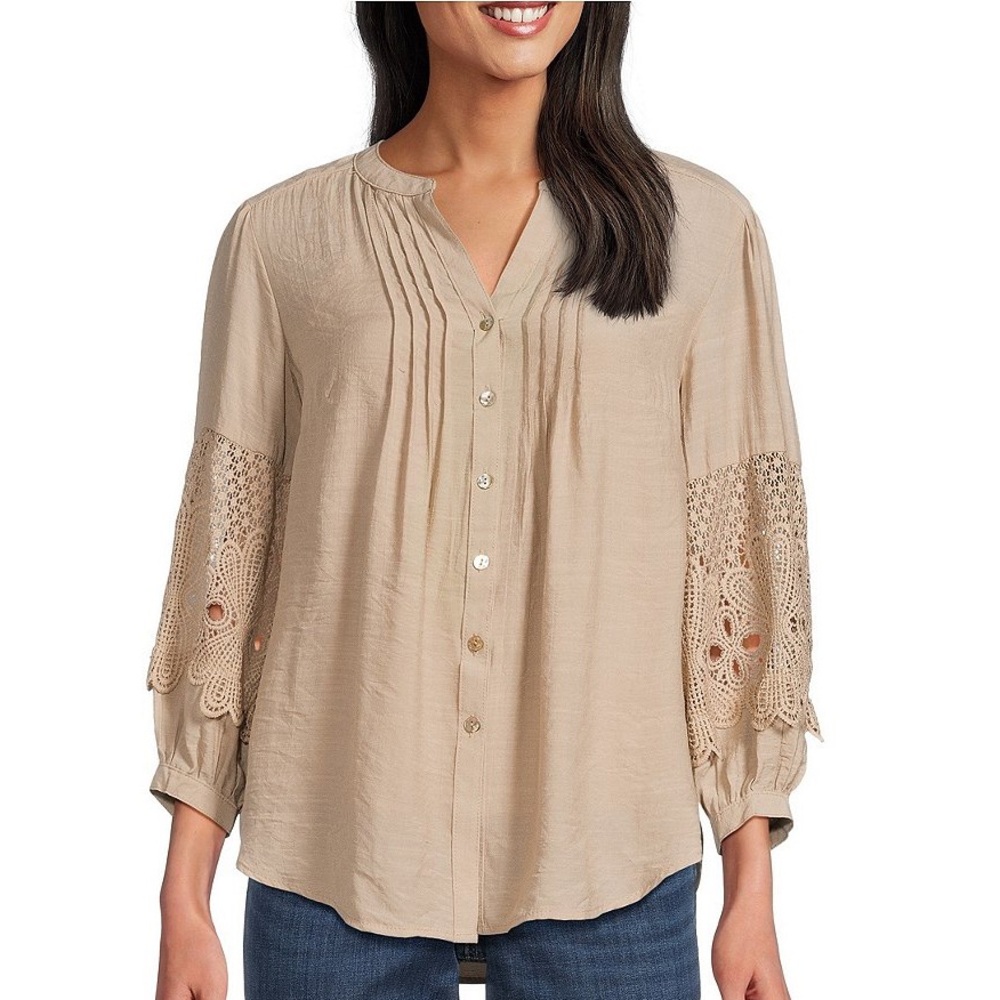 Anthropologie Fig & Flower Woven Split V-Neck 3/4 Sleeve Peasant Blouse SZ M